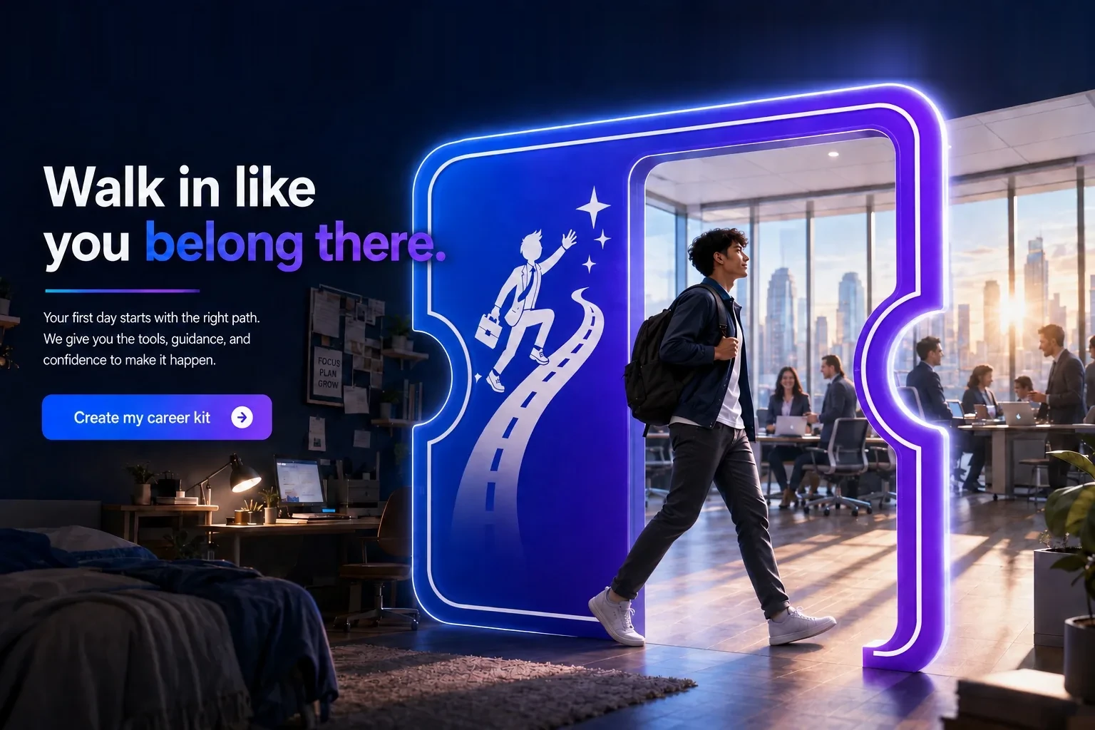 Career Fast Pass hero: a student walks through a glowing ticket-shaped doorway into a professional workplace