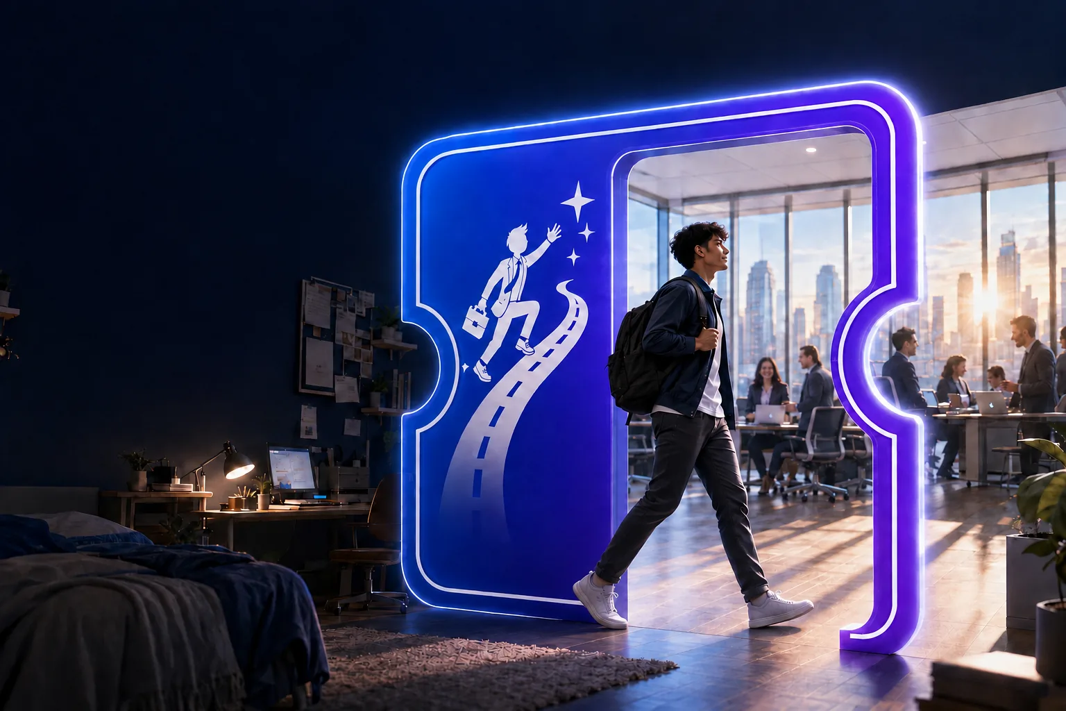 A bedroom and desk opening through a glowing ticket-shaped doorway into a professional workplace