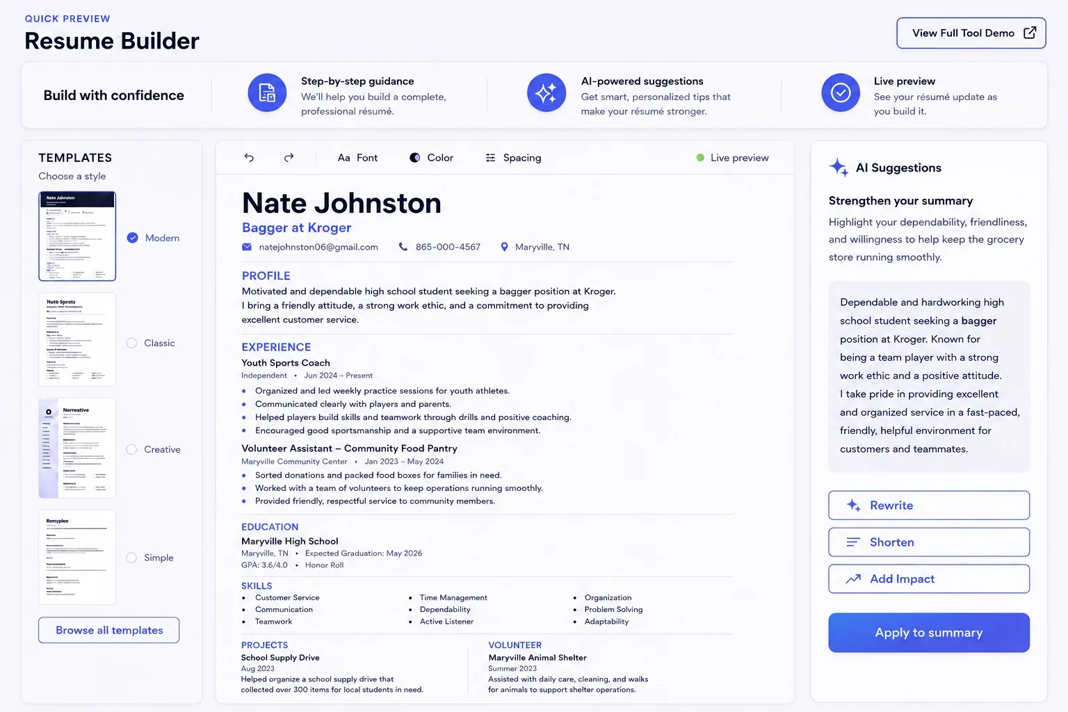 Resume Builder quick preview