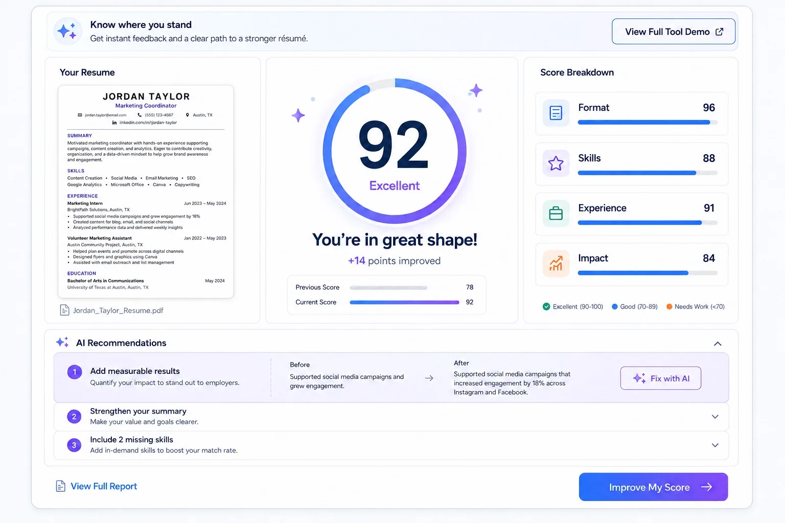 Resume Score quick preview